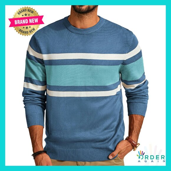 Striped Pullover Sweater Classic Slim Fit Fine Knit Recycled Material Crewneck